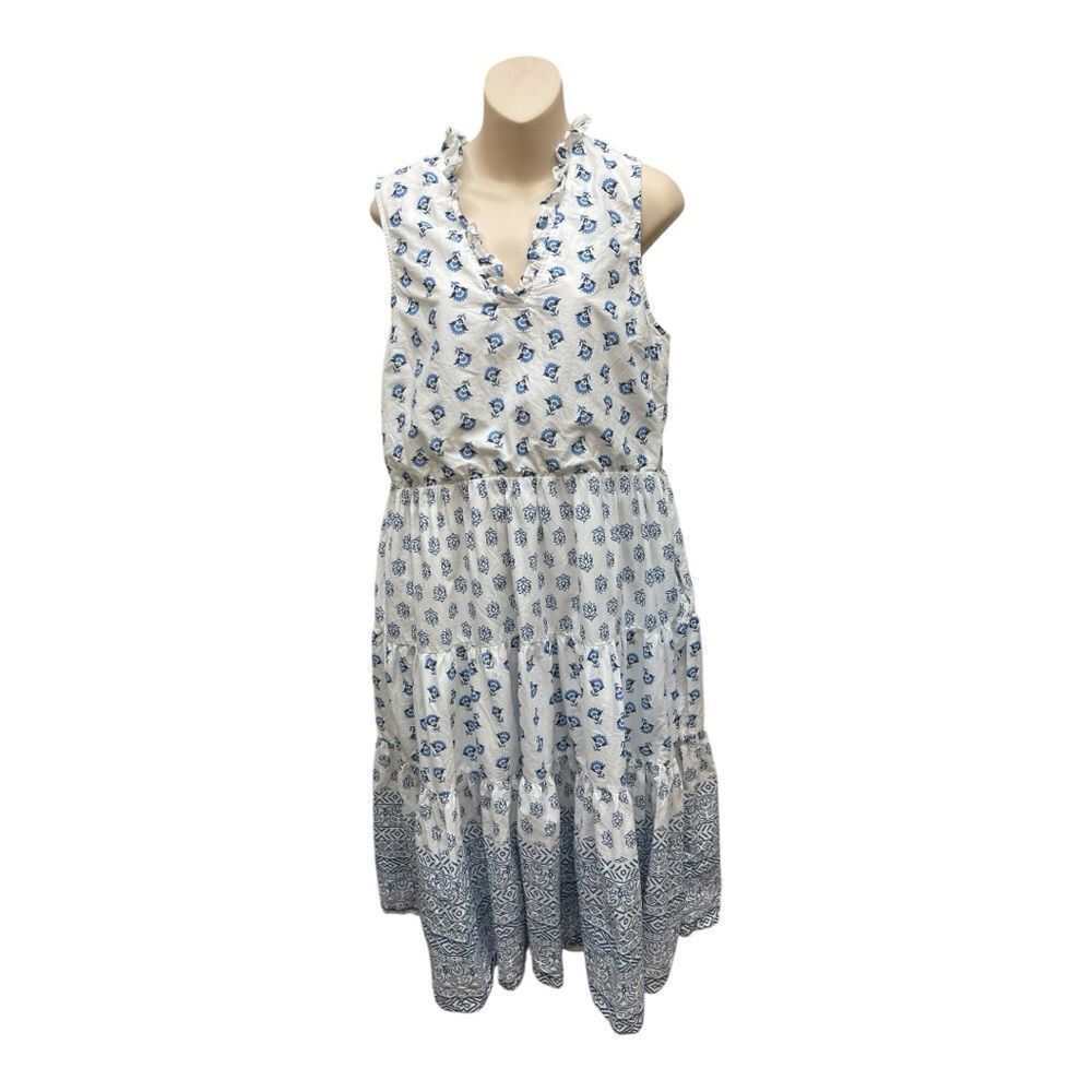 St John’s Bay Cotton Tiered Blue White Sleeveless Sun Dress Lined Size L Classic